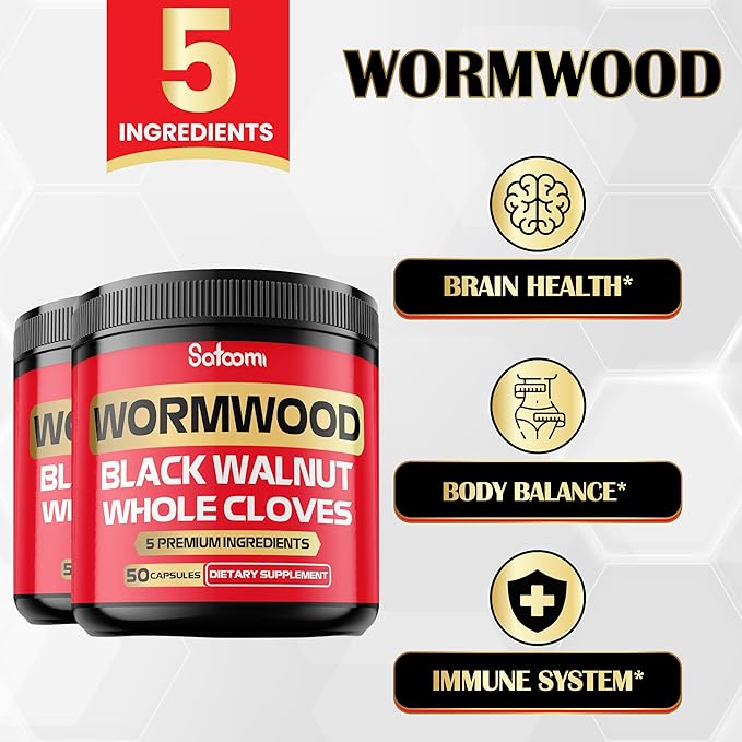 Satoomi [2 Packs - 50 Capsules - 5 in 1 Wormwood Capsules Supplement - Extracted from Black Walnut Whole Cloves Turmeric and Berberine HCl Immune System & Digestion Health