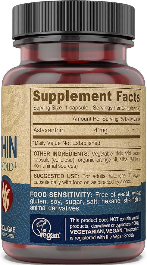 DEVA Nutrition Vitamins Astaxanthin 4mg, Vegan, Super Anti-Oxidant Protection for Skin, Eyes, Joints & Inflammation from Non-GMO Haematococcus Pluvialis Microalgae, 30 Capsules