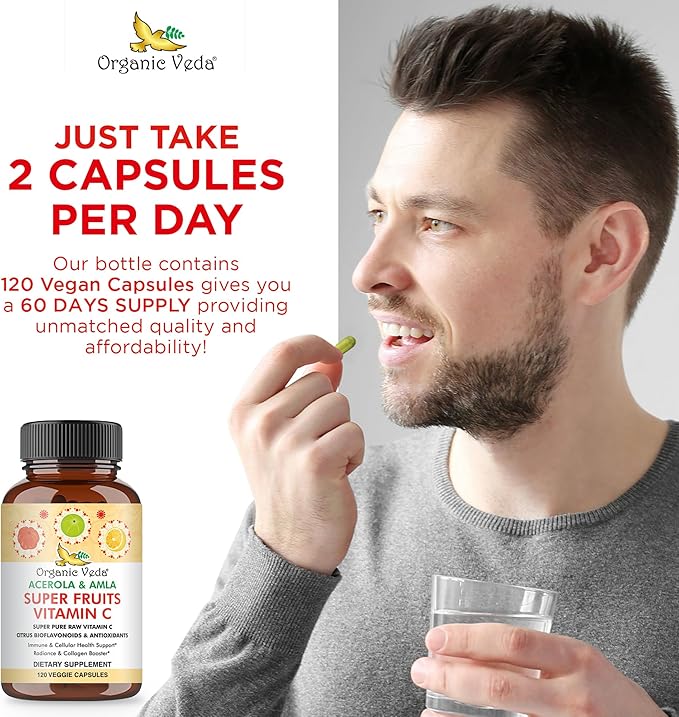Organic Veda Superfruits Vitamin C Capsule with Acerola Cherry & Amla Berry - Whole Food Natural Vitamin C Supplement with Citrus Bioflavonoids for Immunity, Cellular & Skin Health - 120 Vegan Pills