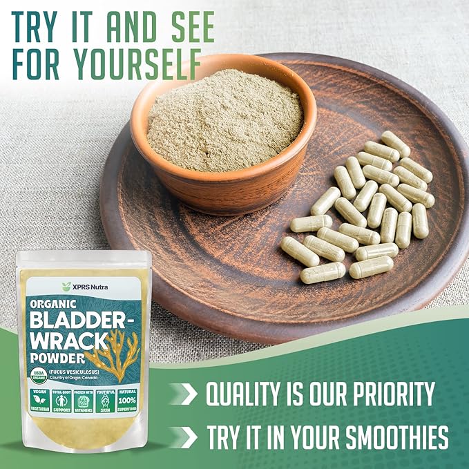 XPRS Nutra Organic Bladderwrack Powder (Fucus Vesiculosus) - Premium Bladderwrack Organic Powder for Glowing Skin - Vegan Friendly Bladderwrack Herb Iodine Supplement (4 Ounce)