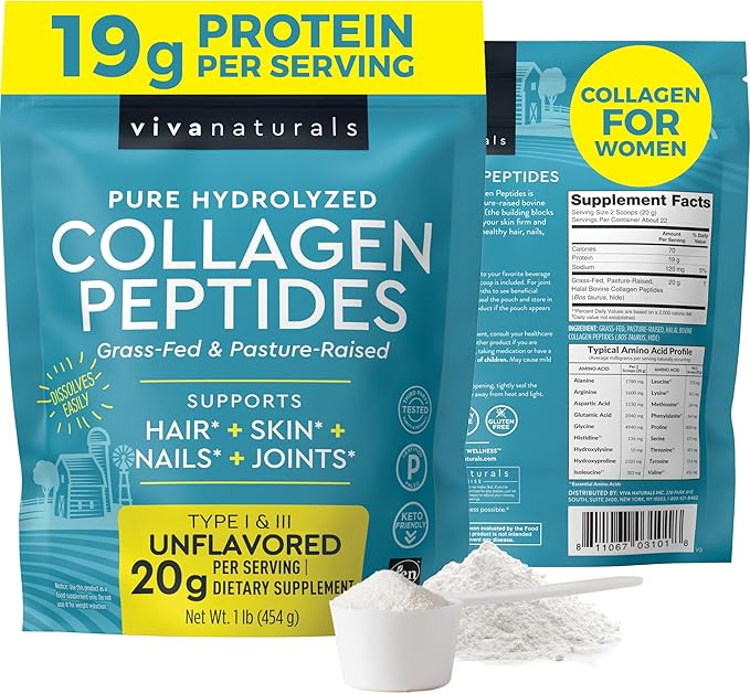 Hydrolyzed Collagen Peptides Powder - 1 lb Grass-Fed & Pasture-Raised Collagen for Women, Type I & III Unflavored Bovine Collagen Powder for Men, Collagen Protein Powder For Hair, Skin, & Nails