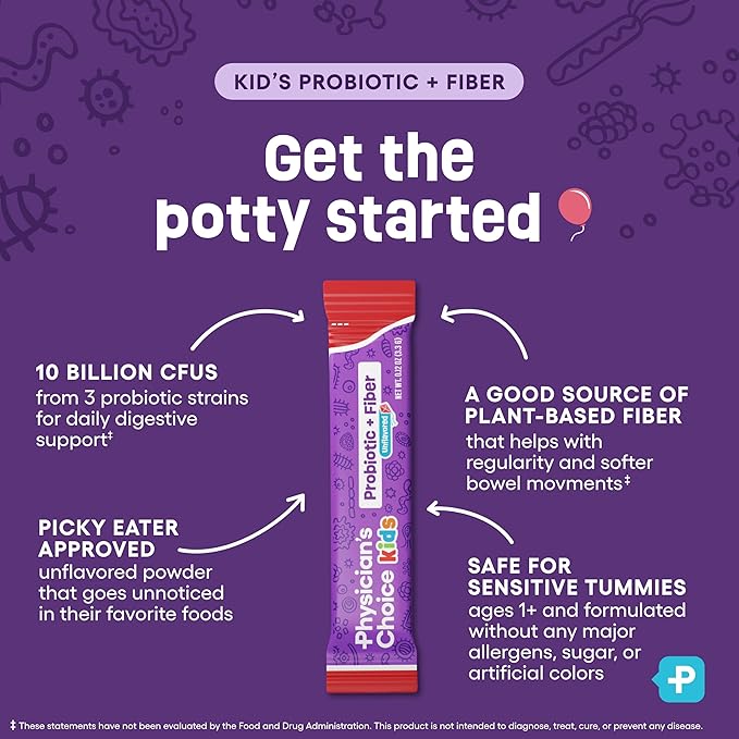 Physician's Choice Kids Probiotic + Prebiotic Fiber Packets (Ages 1+) - Supports Regularity, Occasional Constipation & A Healthy Digestive System - No Allergens or Preservatives - Unflavored - 24 Pack