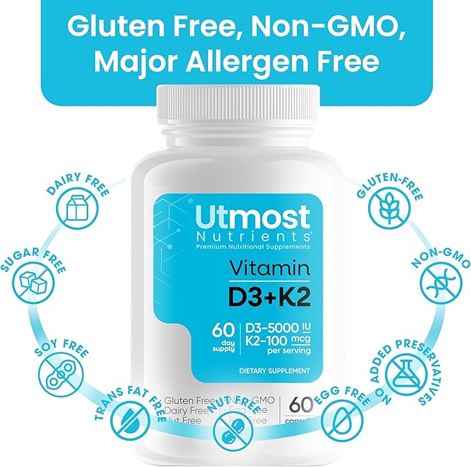 Vitamin D3 with K2-5000iu Vitamin D and 100 mcg Vitamin K Supplement in one Capsule for Maximum Bioavailability - Enhances Calcium Absorption for Cardiovascular, Immune and Bone Health (60 Capsules)