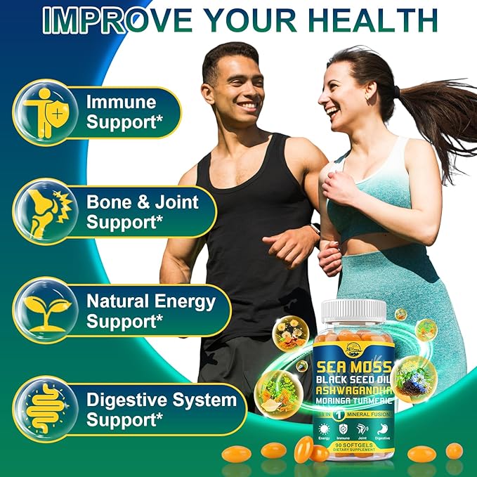 Nature's live Organic Sea Moss Softgels with Black Seed Oil, Ashwagandha, Bladderwrack, Ginger, Burdock Root, Manuka Honey, Cinnamon for Immune System, Skin, Energy, 90 Softgels, 2 Pack