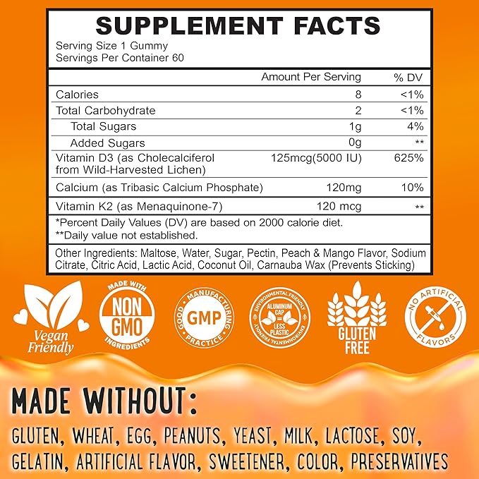Center-Filled Vitamin D3 K2 Gummies - Kids, Teens & Adults - Supplement for Healthy Teeth, Bone, Energy & Immunity - 5000 IU D3, 120 mcg K2(MK-7), 120 mg Calcium - Vegan & Non-GMO - 60 Count