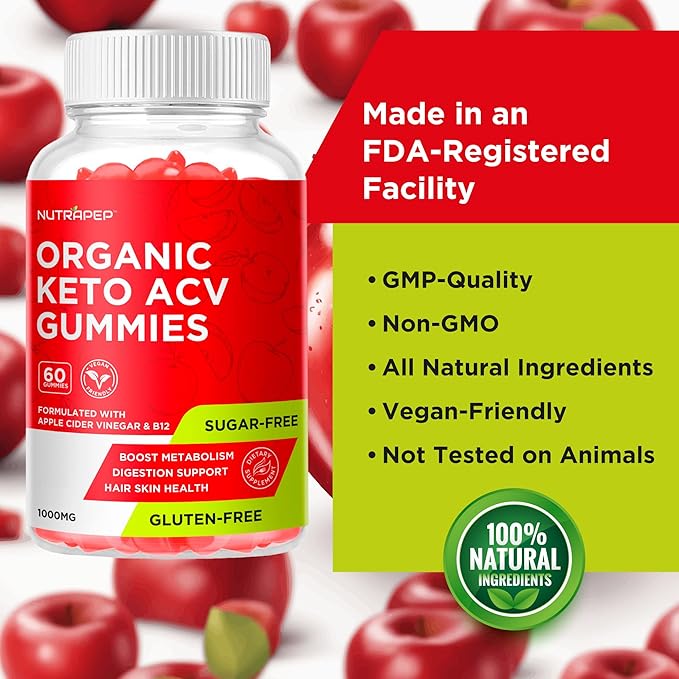 Organic Keto ACV Gummies - Gluten-Free & Sugar-Free Apple Cider Vinegar Supplement for Women Men (1000MG)