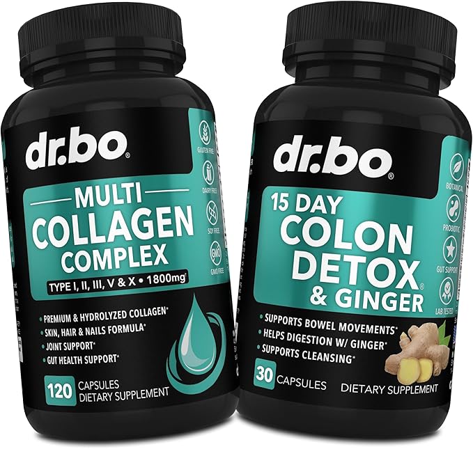 Collagen Peptides & Colon Cleanse Detox - 15 Day Colon Cleanse Pills & Ginger - Multi Collagen for Women & Men Complex Capsules, Skin, Hair & Nails - Bowel Movement Supplements for Stomach Bloating