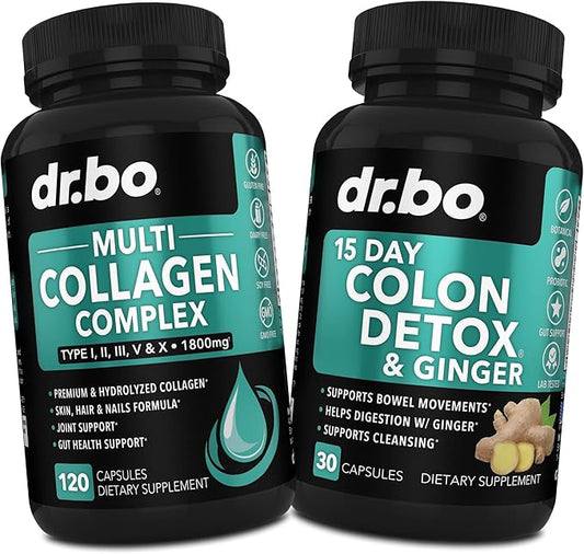 Collagen Peptides & Colon Cleanse Detox - 15 Day Colon Cleanse Pills & Ginger - Multi Collagen for Women & Men Complex Capsules, Skin, Hair & Nails - Bowel Movement Supplements for Stomach Bloating