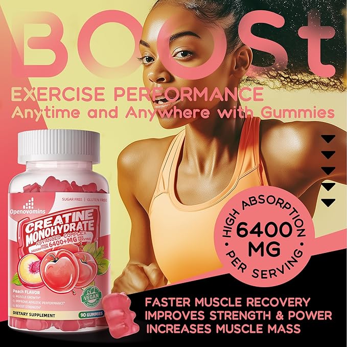 Creatine Monohydrate Gummies Complex for Men & Women -Advanced Formula W/L-Taurine + Vitamin B12, Sugar Free Chewable Supplement,90 Peach Gummies