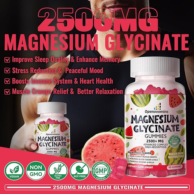 Magnesium Glycinate Gummies 2500mg - Sugar Free Magnesium Potassium Supplement with Vitamin D, B6, CoQ10 for Calm Mood & Sleep Support - 90 Watermelon Gummies