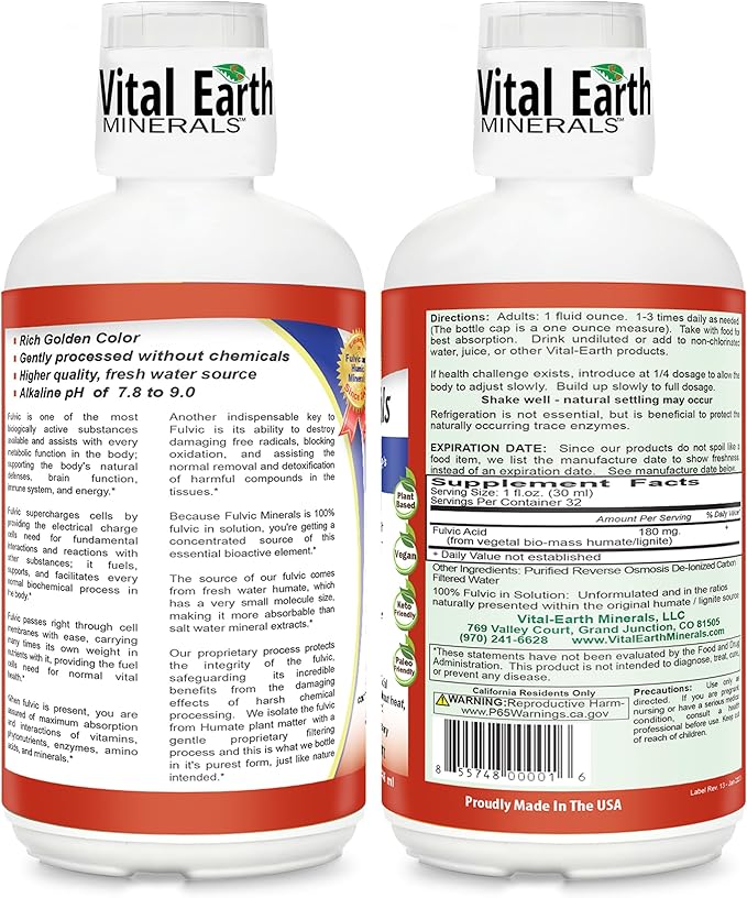 Vital Earth Minerals Fulvic Minerals Liquid – Fulvic Acid Supplement with 70+ Trace Minerals, Electrolytes for Energy & Vitality, 32 Oz + 1 Oz Cup