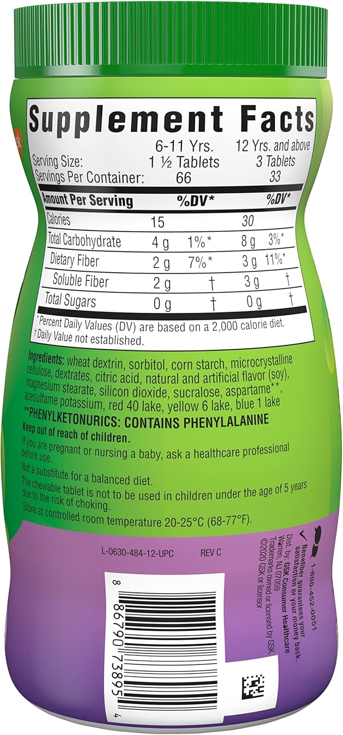 Benefiber Chewable Prebiotic Fiber Supplement Tablets for Digestive Health, Assorted Fruit Flavors - 100 Count