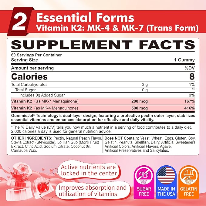 Vitamin K2 Gummies MK-7 200 mcg & MK-4 500 mcg for Women & Men Sugar Free, Perfect 2-IN-1 Full Spectrum Vitamin K2 Supplement for Bone, Promotes Calcium Absorption, Brain, Teeth, Immune, Pack of 2