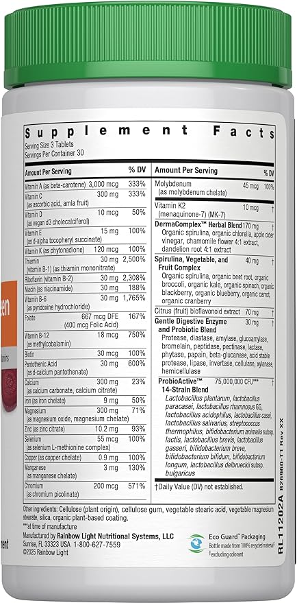 Rainbow Light Multivitamin for Teens, Vitamin C, Zinc, & B Complex, Supports Brain Health, Nerve Function, and a Strong Immune System, Gluten Free, Vegetarian, Fruit Punch, 90 Tablets