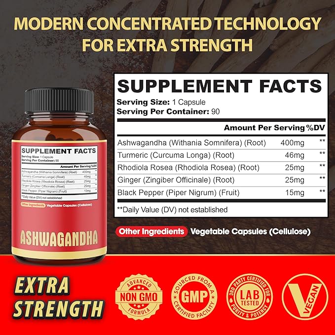 90 Capsules - Ashwagandha Supplement Capsules - Ginger Root, Turmeric, Rhodiola Rosea & Black Pepper