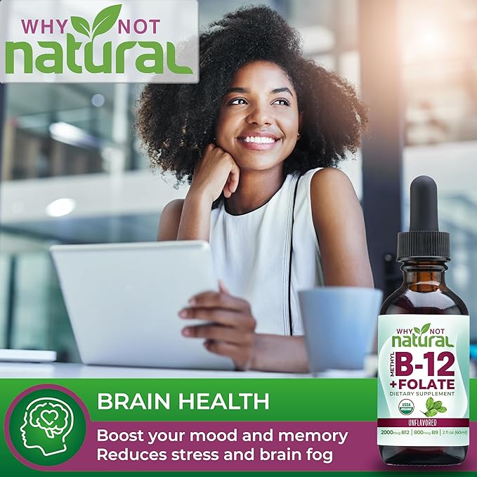 Why Not Natural Vitamin B12 Liquid Plus Folate - Organic Sublingual Extra Strength Vegan Drops - Methyl Supplement with Folinic