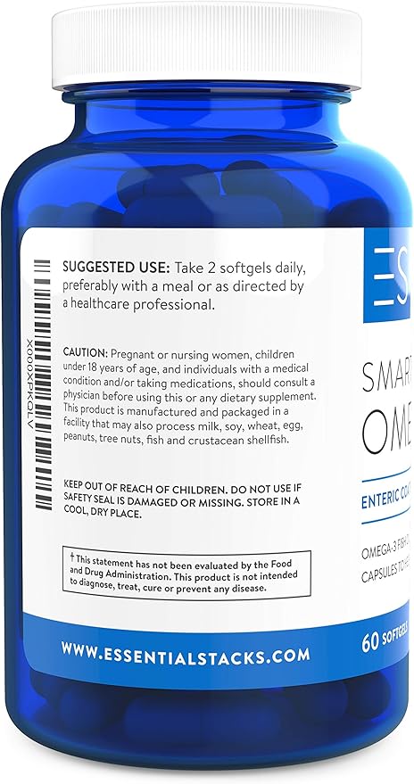 Essential Stacks Smart Omega 3 - Burpless Fish Oil - 1400mg EPA DHA Per Serving, Enteric Coated (60 Capsules)