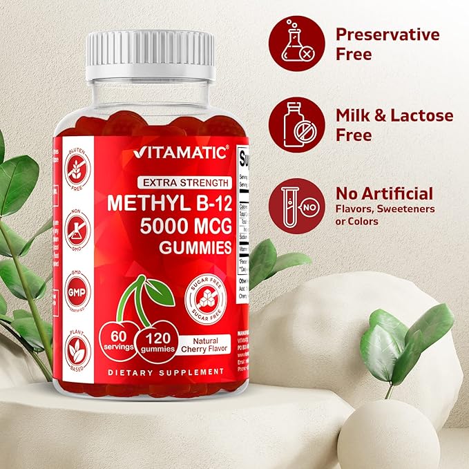 Vitamatic Extra Strength Vitamin B12 5000 mcg (Methyl B12) Gummies - 120 Count - Energy Metabolism Support and Nervous System Health Support, Natural Cherry Flavored (1)
