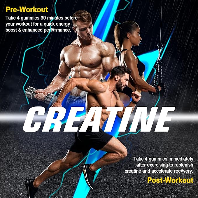 Men's & Women's Creatine Monohydrate Gummies Complex, 6-in-1 Chewable Pre-Workout Creatine with BCAA, Collagen Peptides, L-Taurine, 30 Servings, Natural Lemon Flavor - 60 Count (Pack of 2)