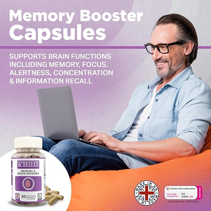 Strength & Spices Memory Booster and Focus Supplement with Ginkgo Biloba and 22 Super Ingredients, Plant-Based Brain Supplement for Memory, Clarity, and Alertness, 1000mg, 60 Capsules