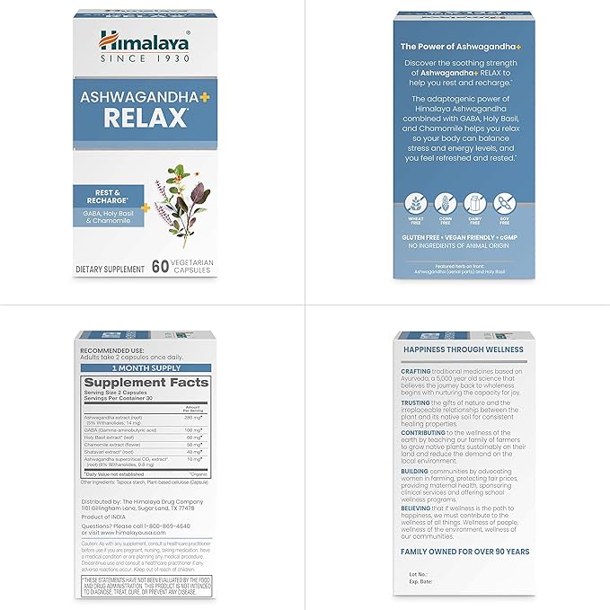 Himalaya Ashwagandha+ Relax, with GABA, Holy Basil & Chamomile for Reset, Relaxation & Stress Relief, Vegan, Gluten Free, 540 mg, 60 Vegetarian Capsules, 1 Month Supply