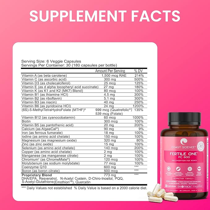 Fertile One PC 600 - Advanced Preconception Supplement with CoQ10 600mg, Nutrient-Rich for Women's Reproductive Health, Ideal for IVF, 180 Vegetable Capsules for Fertility Enhancement