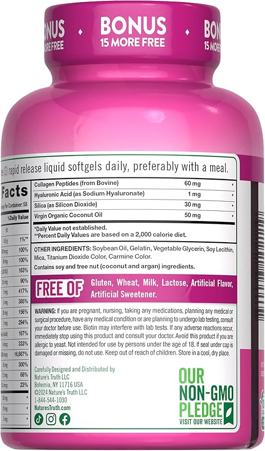 Nature's Truth Hair, Skin & Nails Vitamin | 5000 mcg Biotin | 165 Softgels | with Collagen | Non-GMO & Gluten Free Supplement