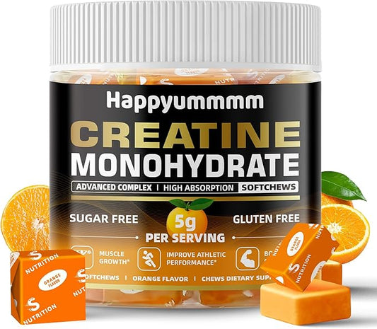 Creatine Monohydrate Soft Chews 5g for Men & Women, Preworkout Gummy with Electrolyte for Muscle Growth, Strength & Energy Support, Orange 60 pcs