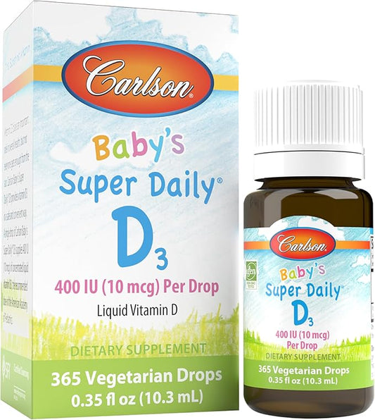 Carlson - Baby's Super Daily D3, Baby Vitamin D Drops, 400 IU (10 mcg) per Drop, 1-Year Supply, Vegetarian, Liquid Vitamin D Drops for Infants and Toddlers, Unflavored, 365 Drops