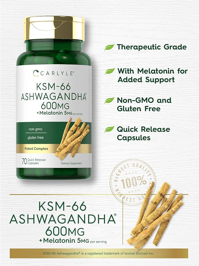 Carlyle KSM-66 Ashwagandha Capsules 600mg | 70 Count | with Melatonin 5mg | Potent Complex | Non-GMO, Gluten Free