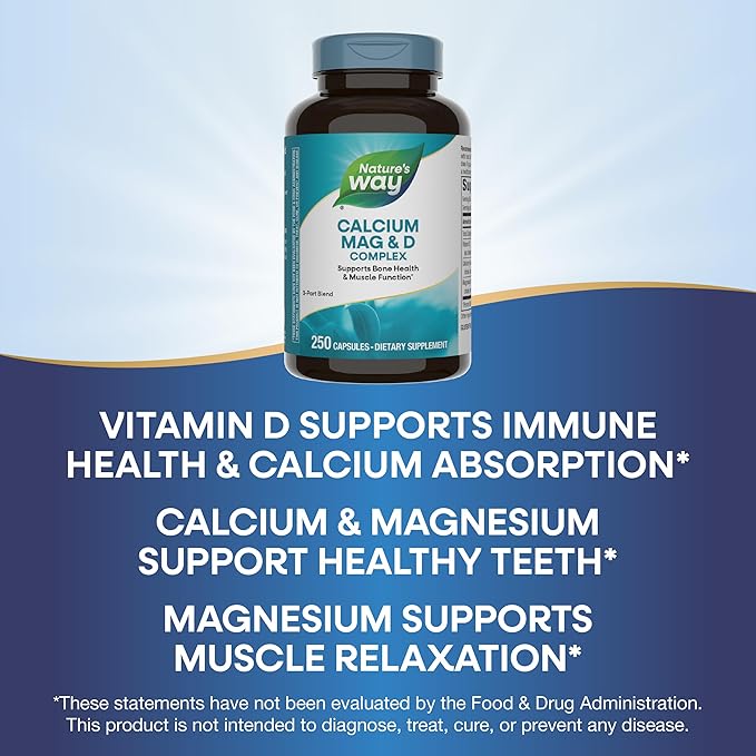 Nature's Way Calcium Magnesium & Vitamin D3 Complex, Healthy Bones & Teeth, Muscle Function and Relaxation*, Gluten Free, 250 Capsules (Packaging May Vary)