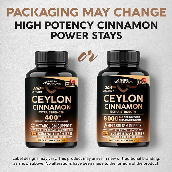 Ceylon Cinnamon Capsules - Extra Strength - Energy, Heart & Metabolism Support - for Men & Women - Pure Natural Extract 20:1 Supplement - Made in USA - GMO & Gluten Free, 120 Capsules, 4 Month Supply