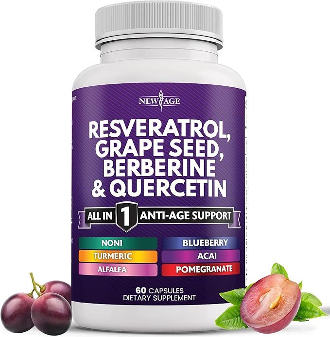 NEW AGE Resveratrol, Berberine, Grape Seed Extract, Quercetin - Polyphenol Supplement for Women and Men with Noni Extract, N-Acetyl Cysteine, Acai Extract - 60 Capsules