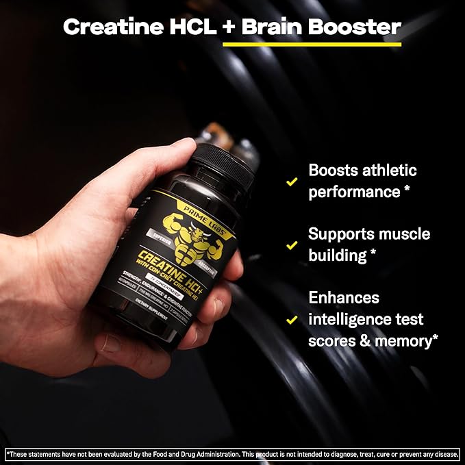 Prime Labs Concrete Creatine HCl Capsules - with CON-CRĒT®, Rhodiola Root Extract, & L-Theanine - Muscle Support, Endurance, Cognitive Function - for Men & Women - 60 Count