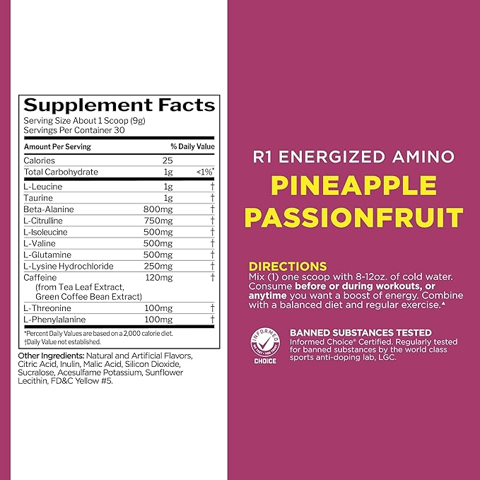 Rule 1 Energized Amino – Anytime Energy and Recovery Support with BCAAs, Glutamine, Citrulline, Beta Alanine, and Caffeine from Green Coffee & Tea Leaf Extracts (30 Servings, Pineapple Passionfruit)