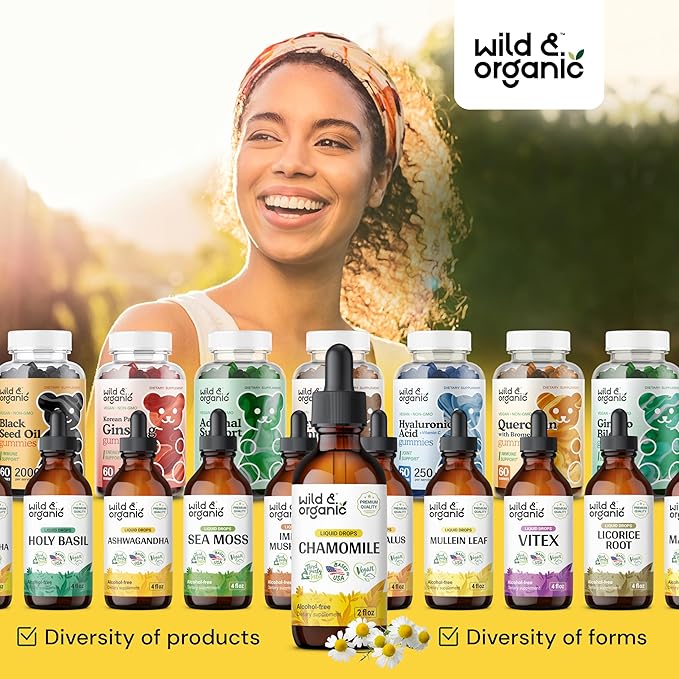 Wild & Organic Chamomile Tincture - Relaxing & Calming Chamomile Supplement - Liquid Flower Extract Drops - Vegan, Sugar & Alcohol-Free - 2 fl oz