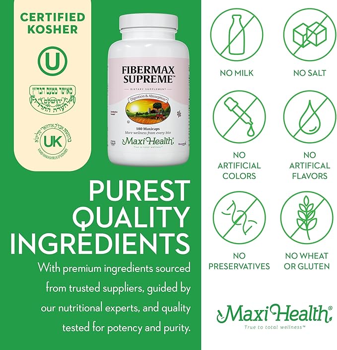 Maxi Health Maxi Fiber Kosher Daily Supplement 1500 mg Fiber Capsules with Psyllium Husk, Dietary Pills for Adults Capsules 180 Count (Pack of 1)