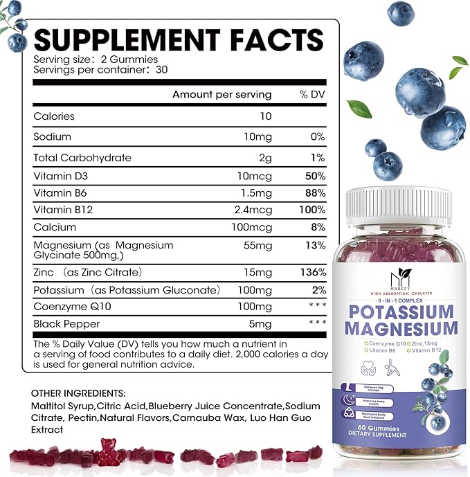 2 Pack Potassium Magnesium Gummies, Sugar-Free Potassium Gummies with Magnesium Glycinate 500mg Chewable Magnesium Potassium Supplements with Calcium, Zinc, Vitamin for Leg Cramps & Muscle