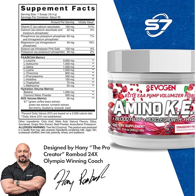 Evogen Amino K.E.M. - EAA & BCAA Powder Pump Volumizer | BCAAs Amino Acids Supplement for Blood Flow, Muscle Growth, & Hydration | Cranberry Pomegranate | 30 Servings