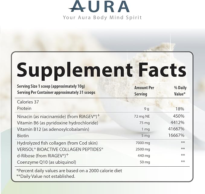 AURA VERISOL® Bioactive Collagen Peptides® Powder with Patented NAD+ & ATP Boosters, Advanced Cellular Rejuvenation System, Healthy Aging & DNA Repair, Unflavored, Made in Canada, 31 Servings.