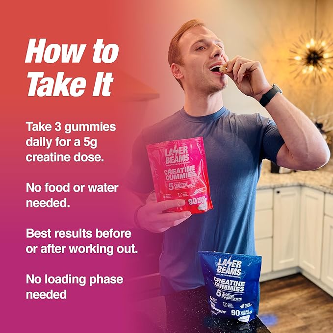 Creatine Monohydrate Gummies - 5g Creapure Creatine per Serving - Vegan, Strawberry Stardust Flavor - Boost Muscle Strength, Endurance, Recovery & Mental Focus - 90 Gummies, Gluten-Free