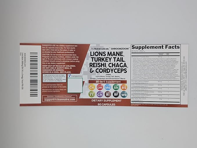 Clean Nutraceuticals Lions Mane 20in1 Mushroom Supplement with Turkey Tail Reishi Cordyceps Chaga Maitake Meshima Poria Cocos Shiitake Oyster Porcini Enoki - Pack