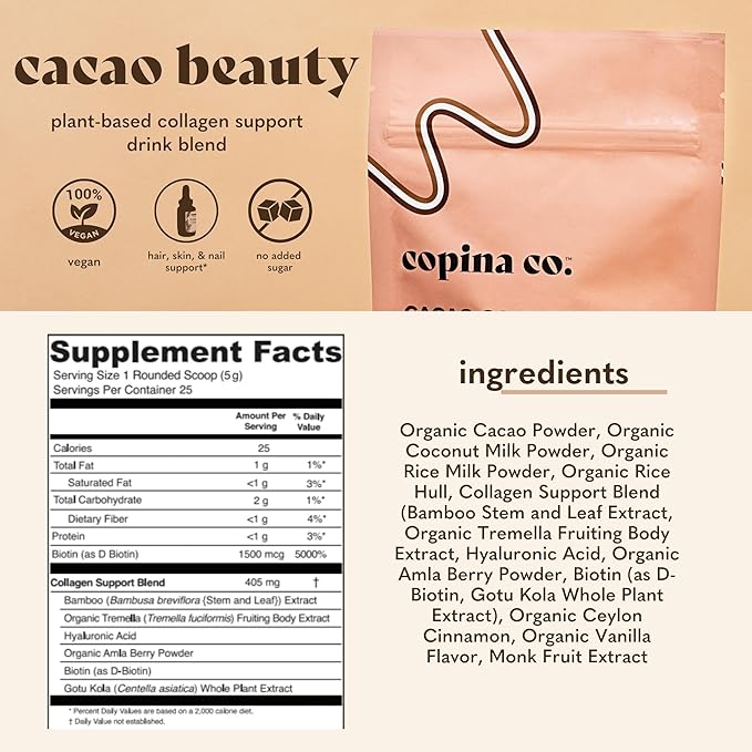 Cacao Beauty Vegan Collagen Booster Drink Blend: Plant-Based Collagen Support Smoothie Drink Vegan Creamy Blend | Cacao Flavor | 1 Bag - 25 Servings per Bag