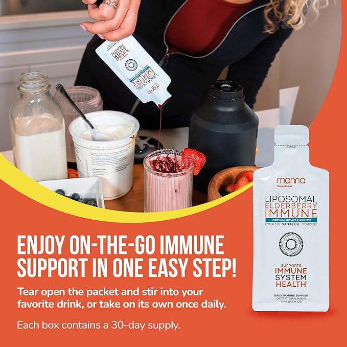 Manna Liposomal Elderberry Immune Packets – Vitamins C, D, Zinc, Echinacea & Ginger - Daily Immune Support for Adults & Kids - Sugar Free, Real Elderberry Extract & Syrup, Travel-Friendly, 30 Pack