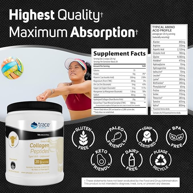 Trace Minerals Collagen Peptides - Healthy Bone & Joint Support - Collagen Supplement Aids Strong Hair, Nails & Skin - Powder Supplement Supports Gut Health - Unflavored, 571g (28 Servings)