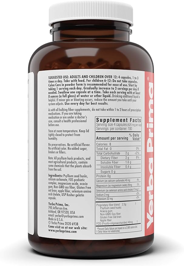 Yerba Prima Prebiotic Colon Care Capsules, 400 Caps - Five Forms of Fiber Plus FOS Pre-biotics - Dietary Health Supplement - Healthy Soluble & Insoluble Fibers for Regularity & Digestive Support