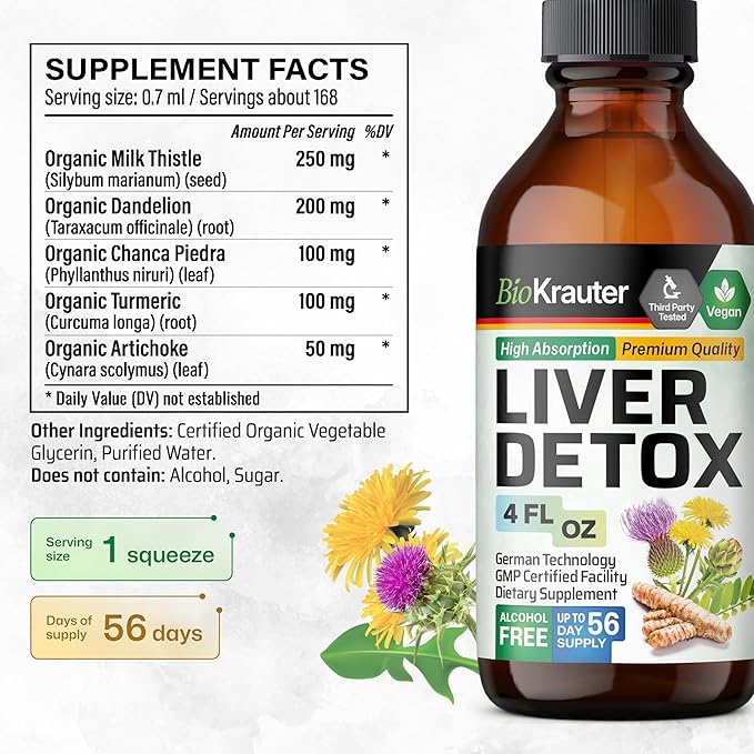 BIO KRAUTER Liver Detox Liquid - Liver Cleanse Detox Liquid Drops - Milk Thistle, Chanca Piedra, Turmeric, Dandelion, Artichoke - Vegan Drops 4 Fl. Oz.