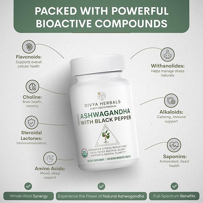 Organic Ashwagandha with Black Pepper - Whole Root - Supports Stress Relief, Mood & Energy – 120 Uncoated Vegan Tablets