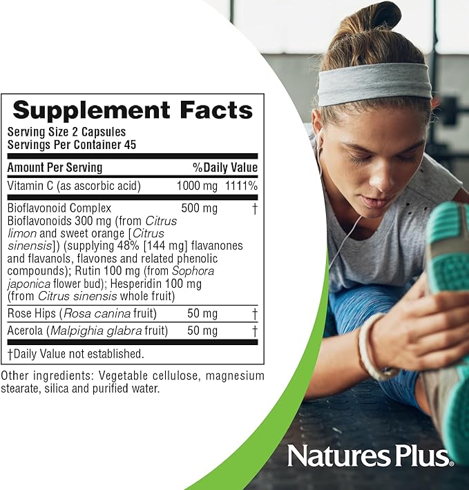 Natures Plus Super C Complex - 1000 mg Ascorbic Acid, 90 Vegetarian Capsules - High Potency Vitamin C Supplement, Antioxidant - Gluten-Free - 45 Servings