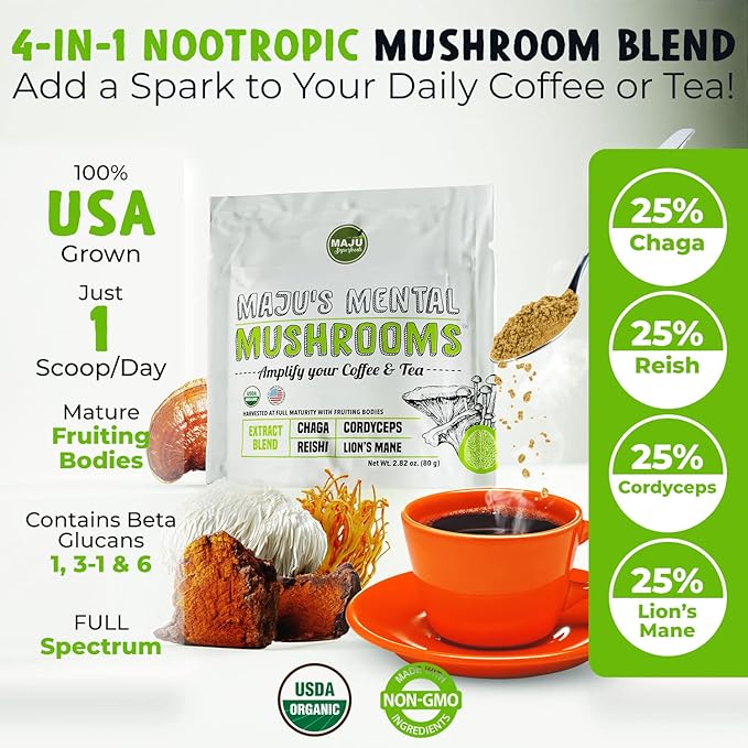 Maju Superfoods Mental Mushroom Powder Extract, Strong Lions Mane, Chaga, Reishi, Cordyceps, Fruiting Bodies for Coffee, Immune System Booster, Nootropic Brain Supplement, Memory, Organic Mushrooms